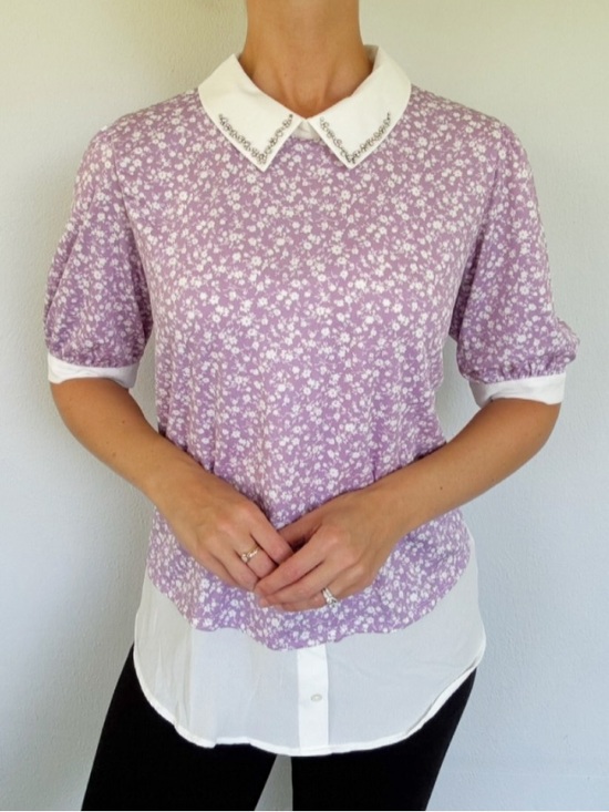 Faith and Joy Tops - Faith & Joy light purple floral layered beaded collar blouse size large